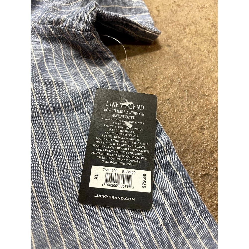 Lucky Brand Shirt Mens XL Blue Striped Linen Short Sleeve Camp Collar Casual - Picture 5 of 16